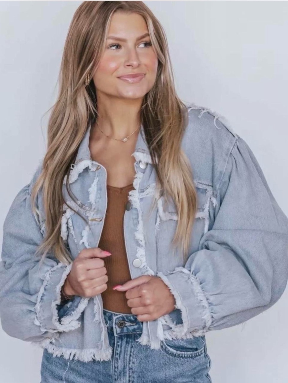 New ~ Glitzy Bella Distressed Light Wash Denim Jacket with Frayed Trim ~ Size L